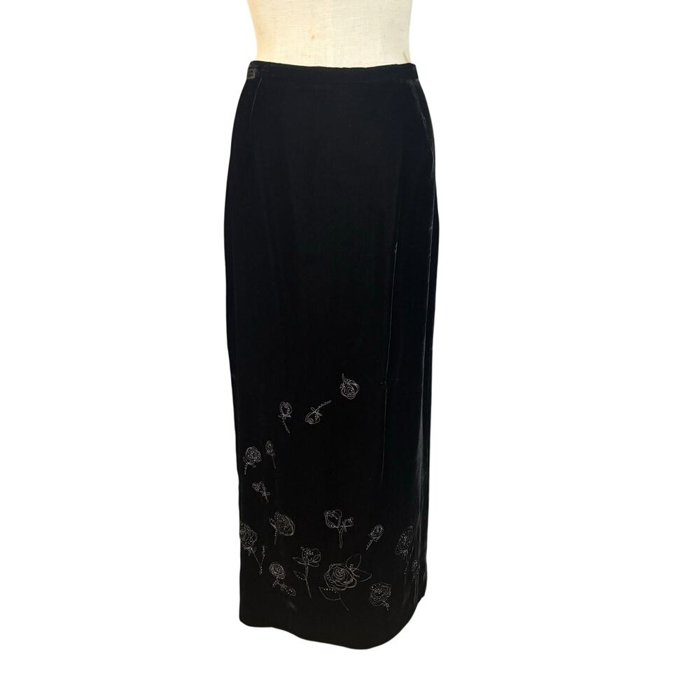 Vintage 90's Laura Ashley Black Velvet Embroidered‎ Beaded Maxi Skirt L Whimsy